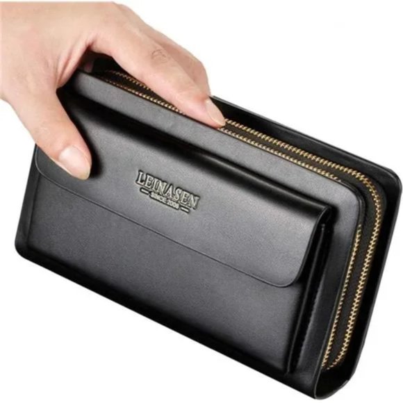 New Mens Large Long Leather Clutch Hand Bag Black - Picture 2 of 4